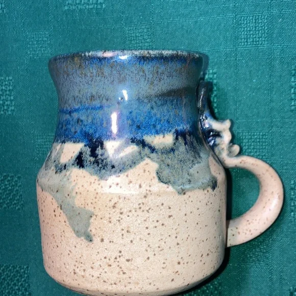 POTTERY artisan made signed mug, tan & blues, 1 cup, fancy handle $20 - Picture 1 of 9
